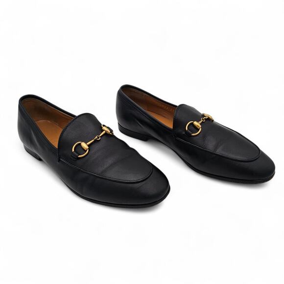 Gucci Jordaan Horsebit Slip On Flat Loafer Black Leather Gold Size 37 US 7 - Picture 2 of 12
